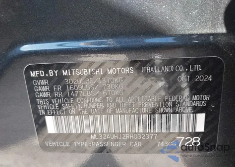 2024 Mitsubishi Mirage Es/Le z USA, uszkodzony, nr VIN ML32AUHJ2RH032377